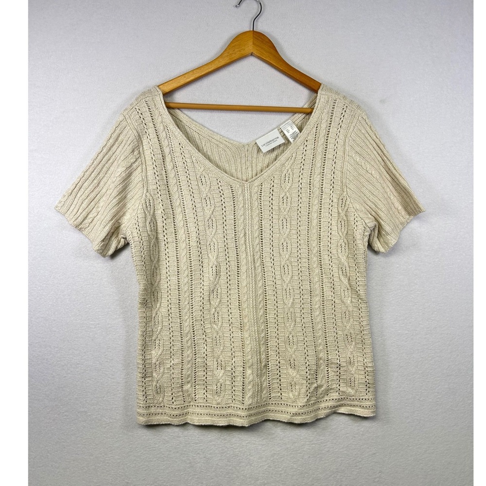 Liz Claiborne Cream Cable Knit V Neck Short Sleeve Top Womens XL